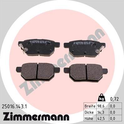 Zimmermann 25016.143.1 - Тормозные колодки, дисковые, комплект avtokuzovplus.com.ua