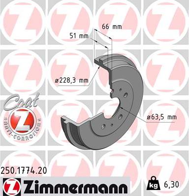 Zimmermann 250.1774.20 - Гальмівний барабан autocars.com.ua