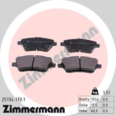 Zimmermann 25134.170.1 - Тормозные колодки, дисковые, комплект avtokuzovplus.com.ua