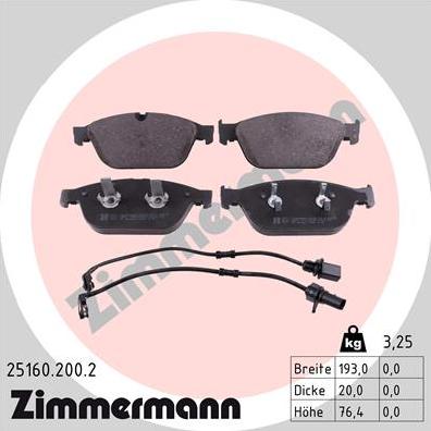 Zimmermann 25160.200.2 - Тормозные колодки, дисковые, комплект avtokuzovplus.com.ua