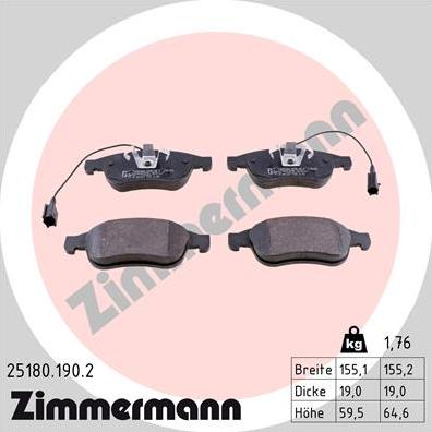 Zimmermann 25180.190.2 - Тормозные колодки, дисковые, комплект avtokuzovplus.com.ua