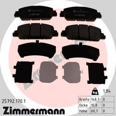 Zimmermann 25792.170.1 - Тормозные колодки, дисковые, комплект avtokuzovplus.com.ua