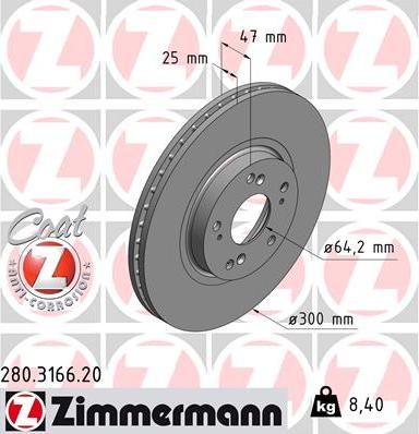 Zimmermann 280.3166.20 - Диск тормозной заказывать 2шт.-цена за1шт. HONDA с антикоррозионным покрытием Coat Z autodnr.net