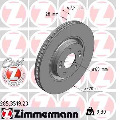 Zimmermann 285.3519.20 - Гальмівний диск autocars.com.ua