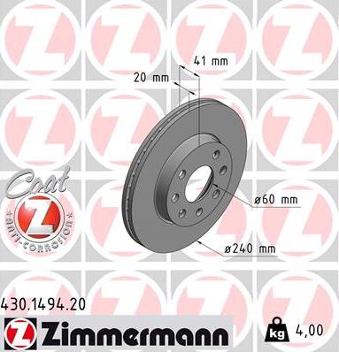 Zimmermann 430.1494.20 - Тормозной диск avtokuzovplus.com.ua