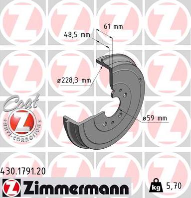 Zimmermann 430.1791.20 - Гальмівний барабан autocars.com.ua