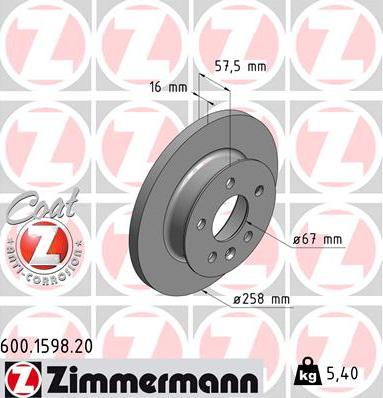 Zimmermann 600.1598.20 - Тормозной диск avtokuzovplus.com.ua